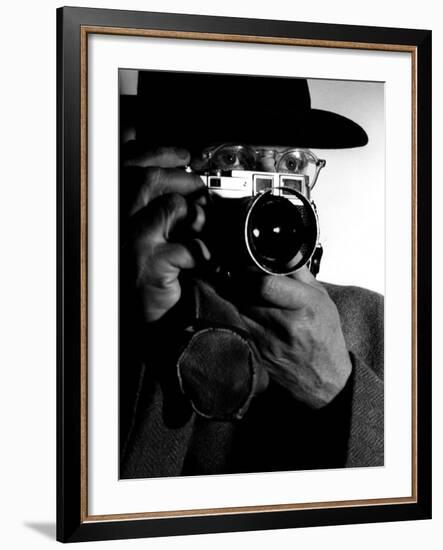 Photographer Henri Cartier-Bresson Wearing Hat and Holding Camera Up to His Face-Dmitri Kessel-Framed Premium Photographic Print