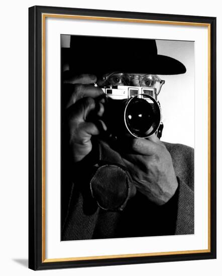 Photographer Henri Cartier-Bresson Wearing Hat and Holding Camera Up to His Face-Dmitri Kessel-Framed Premium Photographic Print