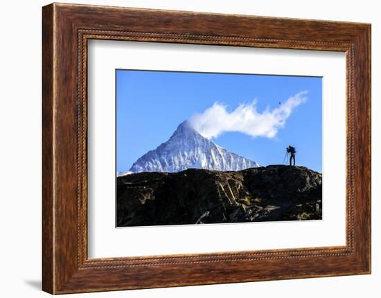 Photographer in Action in Front of the Snowy Weisshorn, Swiss Alps-Roberto Moiola-Framed Photographic Print