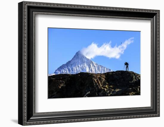 Photographer in Action in Front of the Snowy Weisshorn, Swiss Alps-Roberto Moiola-Framed Photographic Print