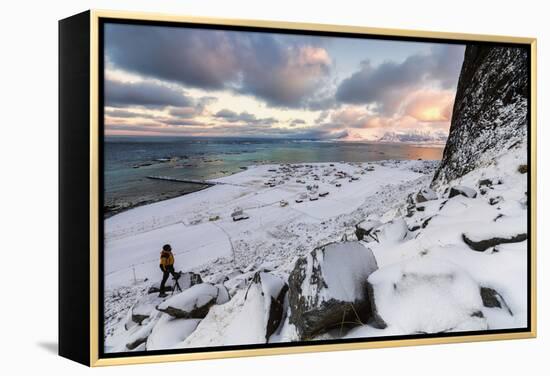 Photographer on the Snow Admires the Fishing Village under a Colorful Sky Eggum-Roberto Moiola-Framed Premier Image Canvas