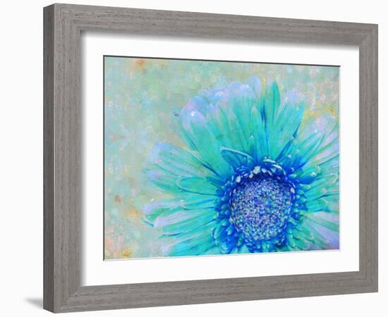 Photographic Layer Work of a Gerber Daisy with Textureand Floral Ornaments in Blue and Green Tones-Alaya Gadeh-Framed Photographic Print