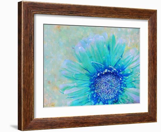 Photographic Layer Work of a Gerber Daisy with Textureand Floral Ornaments in Blue and Green Tones-Alaya Gadeh-Framed Photographic Print