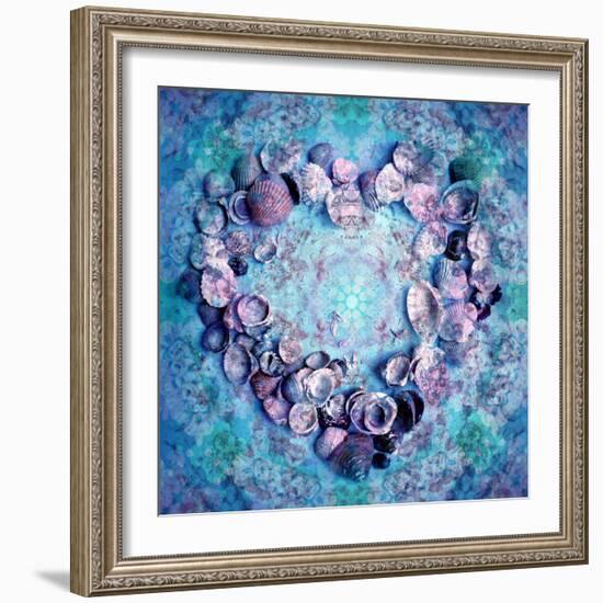 Photographic Layer Work of a Heart from Seashells and Floral Ornaments in Blue Lavender Tones-Alaya Gadeh-Framed Photographic Print