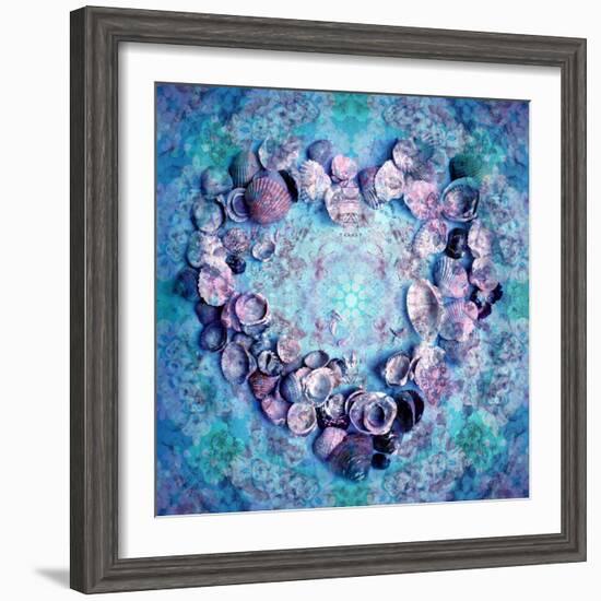 Photographic Layer Work of a Heart from Seashells and Floral Ornaments in Blue Lavender Tones-Alaya Gadeh-Framed Photographic Print