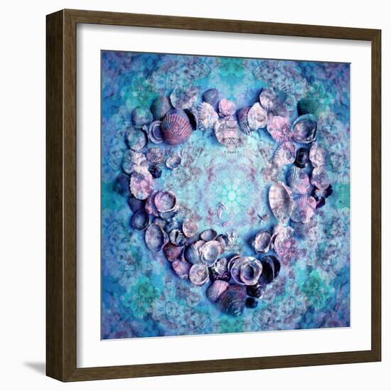 Photographic Layer Work of a Heart from Seashells and Floral Ornaments in Blue Lavender Tones-Alaya Gadeh-Framed Photographic Print