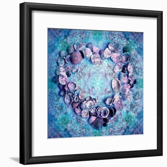 Photographic Layer Work of a Heart from Seashells and Floral Ornaments in Blue Lavender Tones-Alaya Gadeh-Framed Photographic Print