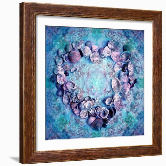 Photographic Layer Work of a Heart from Seashells and Floral Ornaments in Blue Lavender Tones-Alaya Gadeh-Framed Photographic Print