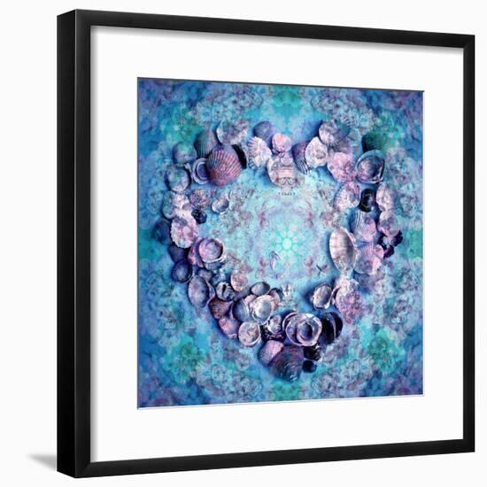 Photographic Layer Work of a Heart from Seashells and Floral Ornaments in Blue Lavender Tones-Alaya Gadeh-Framed Photographic Print