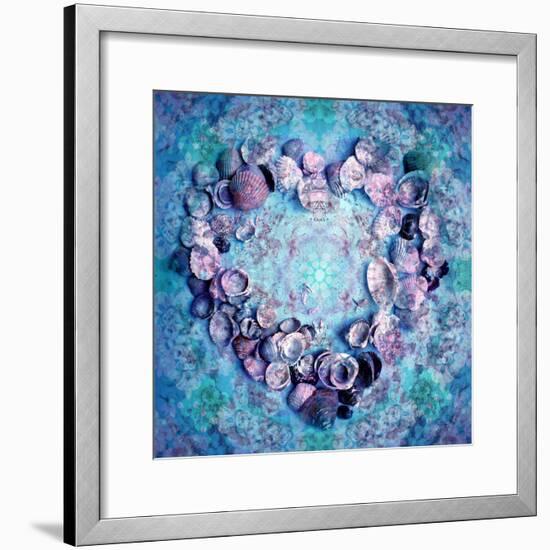 Photographic Layer Work of a Heart from Seashells and Floral Ornaments in Blue Lavender Tones-Alaya Gadeh-Framed Photographic Print