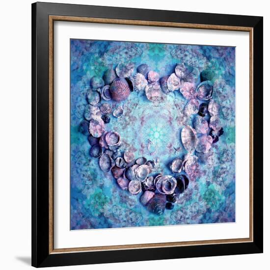 Photographic Layer Work of a Heart from Seashells and Floral Ornaments in Blue Lavender Tones-Alaya Gadeh-Framed Photographic Print