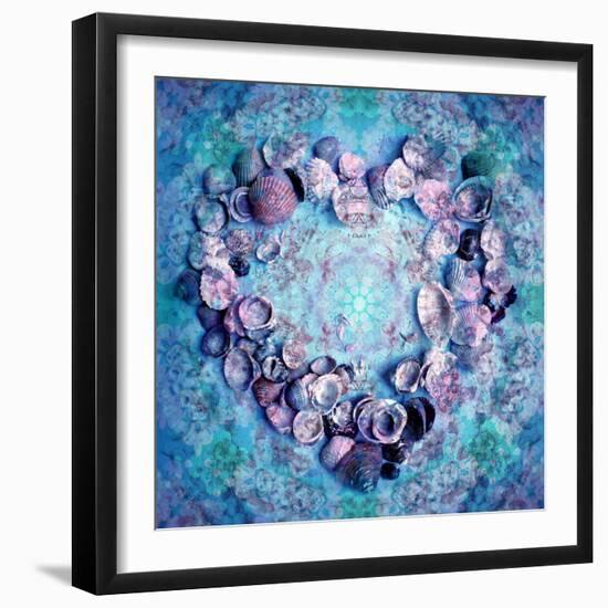 Photographic Layer Work of a Heart from Seashells and Floral Ornaments in Blue Lavender Tones-Alaya Gadeh-Framed Photographic Print