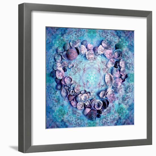 Photographic Layer Work of a Heart from Seashells and Floral Ornaments in Blue Lavender Tones-Alaya Gadeh-Framed Photographic Print
