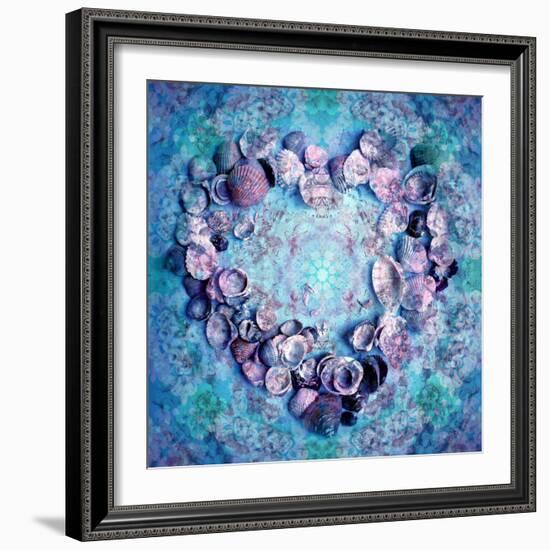 Photographic Layer Work of a Heart from Seashells and Floral Ornaments in Blue Lavender Tones-Alaya Gadeh-Framed Photographic Print