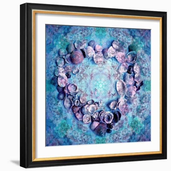 Photographic Layer Work of a Heart from Seashells and Floral Ornaments in Blue Lavender Tones-Alaya Gadeh-Framed Photographic Print