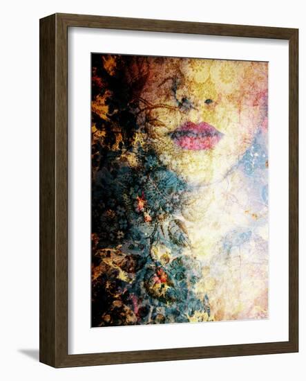 Photomontage of a Portrait of a Woman with Coloured Ornaments of Flowers and Trees-Alaya Gadeh-Framed Photographic Print