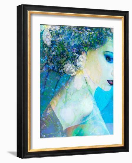 Photomontage of a Woman with Flowers and Leaves in Blue-Alaya Gadeh-Framed Photographic Print