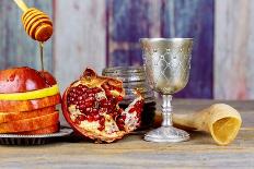 Honey, Apple and Pomegranate on Wooden Table over Bokeh Background-photovs-Photographic Print