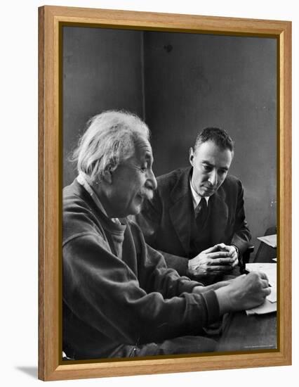 Physicist J. Robert Oppenheimer Discusses Theory of Matter with Famed Physicist Dr. Albert Einstein-Alfred Eisenstaedt-Framed Premier Image Canvas