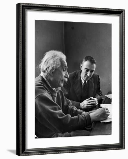 Physicist J. Robert Oppenheimer Discusses Theory of Matter with Famed Physicist Dr. Albert Einstein-Alfred Eisenstaedt-Framed Premium Photographic Print