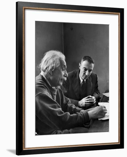 Physicist J. Robert Oppenheimer Discusses Theory of Matter with Famed Physicist Dr. Albert Einstein-Alfred Eisenstaedt-Framed Premium Photographic Print