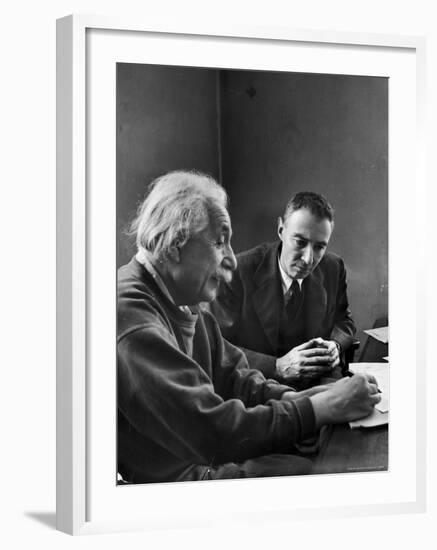 Physicist J. Robert Oppenheimer Discusses Theory of Matter with Famed Physicist Dr. Albert Einstein-Alfred Eisenstaedt-Framed Premium Photographic Print