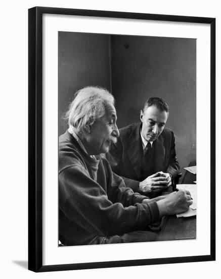 Physicist J. Robert Oppenheimer Discusses Theory of Matter with Famed Physicist Dr. Albert Einstein-Alfred Eisenstaedt-Framed Premium Photographic Print