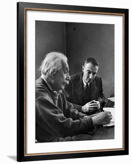 Physicist J. Robert Oppenheimer Discusses Theory of Matter with Famed Physicist Dr. Albert Einstein-Alfred Eisenstaedt-Framed Premium Photographic Print