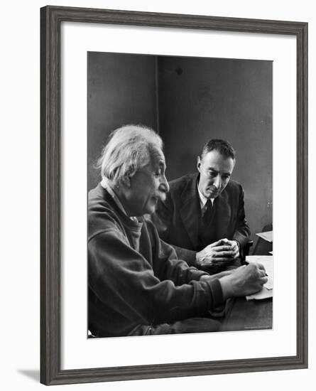 Physicist J. Robert Oppenheimer Discusses Theory of Matter with Famed Physicist Dr. Albert Einstein-Alfred Eisenstaedt-Framed Premium Photographic Print