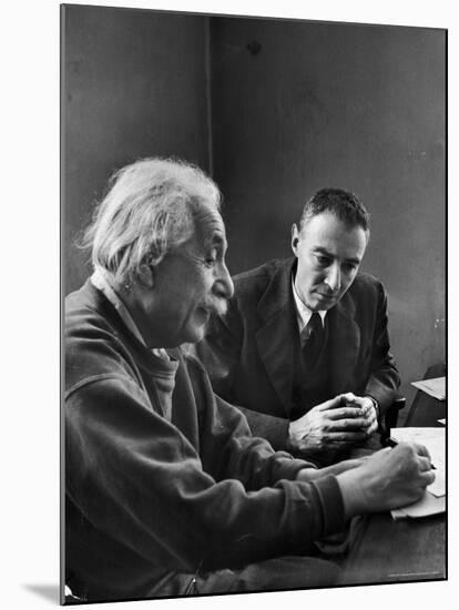 Physicist J. Robert Oppenheimer Discusses Theory of Matter with Famed Physicist Dr. Albert Einstein-Alfred Eisenstaedt-Mounted Premium Photographic Print