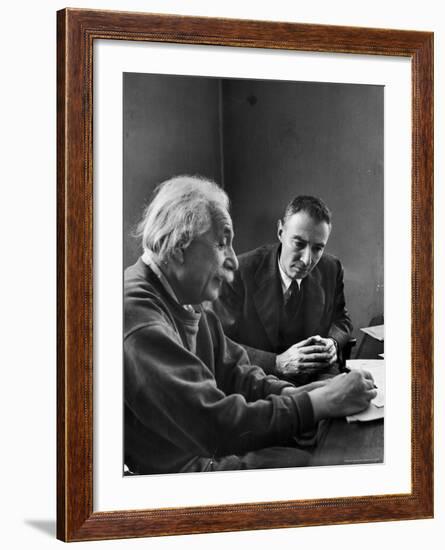 Physicist J. Robert Oppenheimer Discusses Theory of Matter with Famed Physicist Dr. Albert Einstein-Alfred Eisenstaedt-Framed Premium Photographic Print