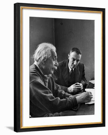 Physicist J. Robert Oppenheimer Discusses Theory of Matter with Famed Physicist Dr. Albert Einstein-Alfred Eisenstaedt-Framed Premium Photographic Print