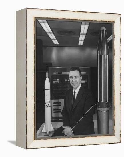 Physicist James A. Van Allen Sitting Between Models of Jupiter "C" Rocket and Explorer Satelliter-Ed Clark-Framed Premier Image Canvas