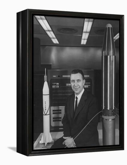 Physicist James A. Van Allen Sitting Between Models of Jupiter "C" Rocket and Explorer Satelliter-Ed Clark-Framed Premier Image Canvas