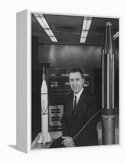 Physicist James A. Van Allen Sitting Between Models of Jupiter "C" Rocket and Explorer Satelliter-Ed Clark-Framed Premier Image Canvas