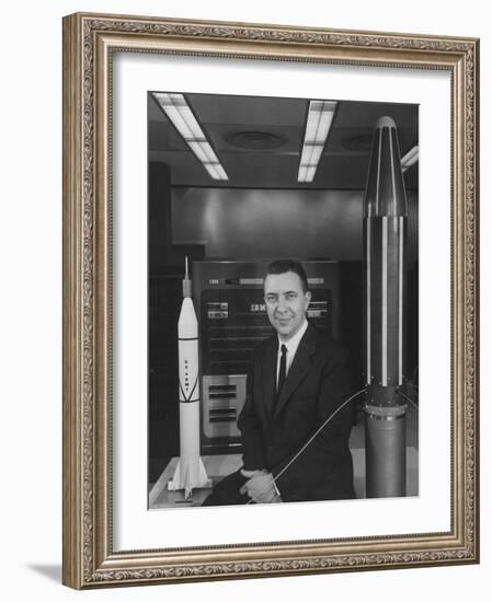 Physicist James A. Van Allen Sitting Between Models of Jupiter "C" Rocket and Explorer Satelliter-Ed Clark-Framed Photographic Print