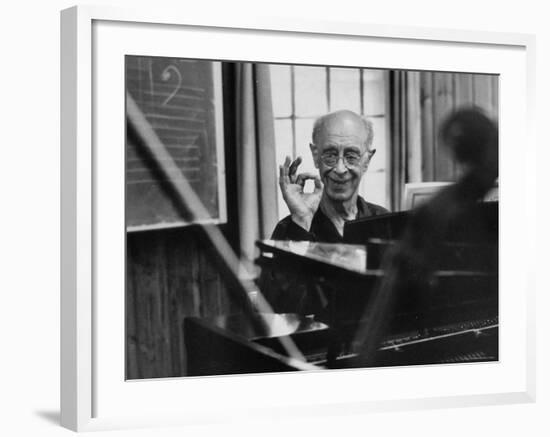 Pianist Rudolf Serkin Signifying Approval to Unseen Class He is Conducting-Gjon Mili-Framed Premium Photographic Print