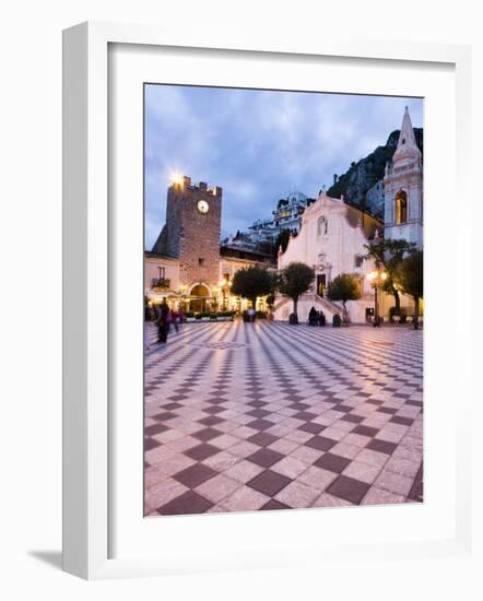 Piazza Ix Aprile, with the Torre Dell Orologio and San Giuseppe Church, Taormina, Sicily, Italy-Martin Child-Framed Photographic Print