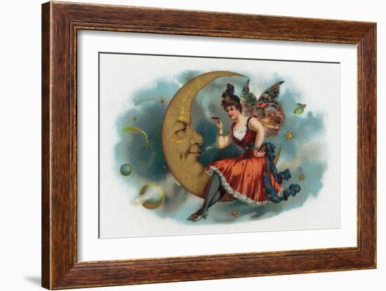 Picant Brand Cigar Box Label, Fairy Woman Smoking on the Moon-Lantern Press-Framed Art Print