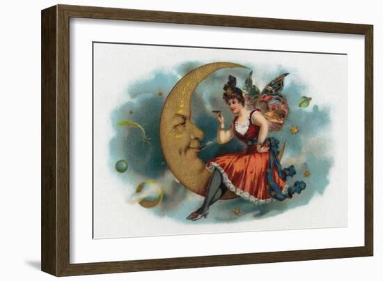 Picant Brand Cigar Box Label, Fairy Woman Smoking on the Moon-Lantern Press-Framed Premium Giclee Print