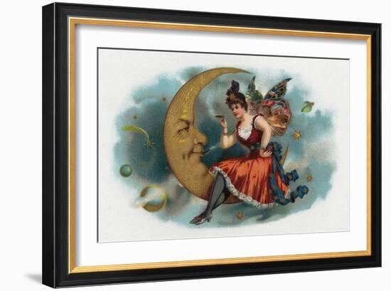 Picant Brand Cigar Box Label, Fairy Woman Smoking on the Moon-Lantern Press-Framed Premium Giclee Print