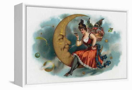 Picant Brand Cigar Box Label, Fairy Woman Smoking on the Moon-Lantern Press-Framed Stretched Canvas