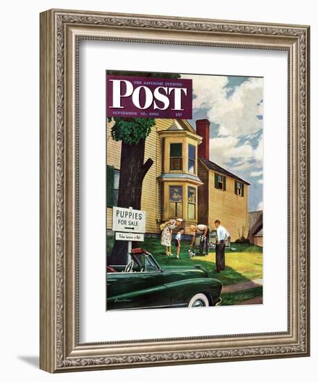 "Picking a Puppy" Saturday Evening Post Cover, September 30, 1950-Stevan Dohanos-Framed Giclee Print