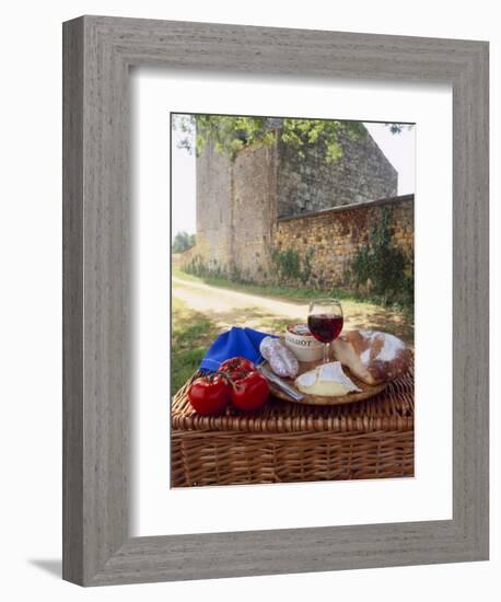 Picnic Lunch of Bread, Cheese, Tomatoes and Red Wine on a Hamper in the Dordogne, France-Michael Busselle-Framed Photographic Print