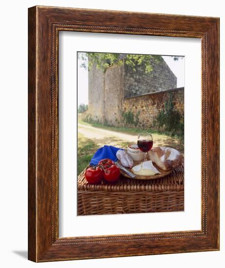 Picnic Lunch of Bread, Cheese, Tomatoes and Red Wine on a Hamper in the Dordogne, France-Michael Busselle-Framed Photographic Print