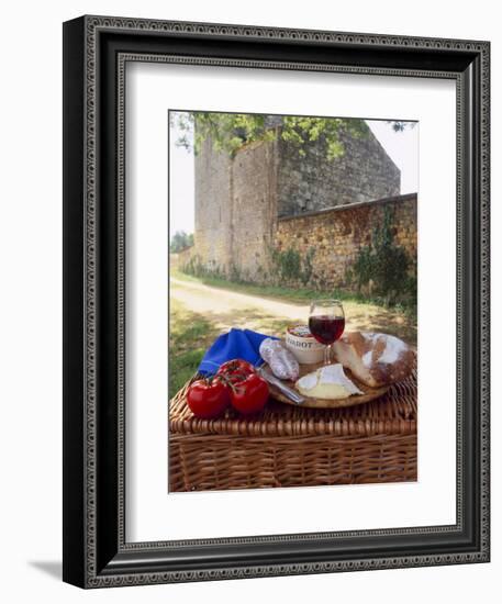 Picnic Lunch of Bread, Cheese, Tomatoes and Red Wine on a Hamper in the Dordogne, France-Michael Busselle-Framed Photographic Print