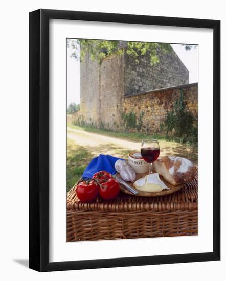 Picnic Lunch of Bread, Cheese, Tomatoes and Red Wine on a Hamper in the Dordogne, France-Michael Busselle-Framed Photographic Print