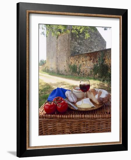 Picnic Lunch of Bread, Cheese, Tomatoes and Red Wine on a Hamper in the Dordogne, France-Michael Busselle-Framed Photographic Print