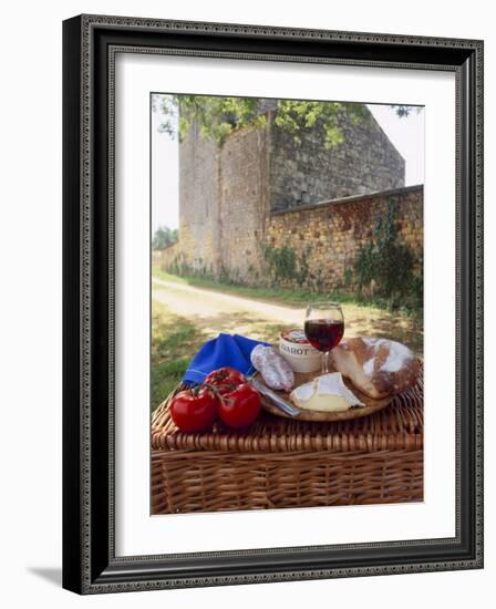 Picnic Lunch of Bread, Cheese, Tomatoes and Red Wine on a Hamper in the Dordogne, France-Michael Busselle-Framed Photographic Print