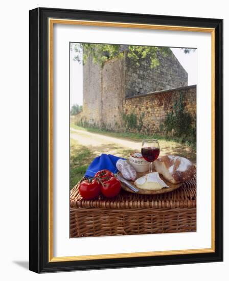 Picnic Lunch of Bread, Cheese, Tomatoes and Red Wine on a Hamper in the Dordogne, France-Michael Busselle-Framed Photographic Print